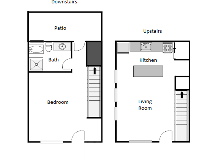 Floor plan for 1 bed, 1 bath, 640 sqft
